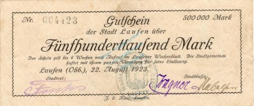 Laufen , Banknote 500.000 Mark Schein gbr. Keller 2946.a , Bayern 1923 Inflation