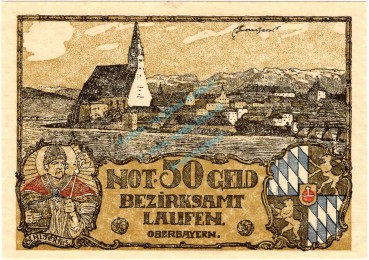 Laufen , Notgeld 50 Pfennig Schein in unc-kfr. Ti.3925.05.35 , Bayern o.D. Verkehrsausgabe