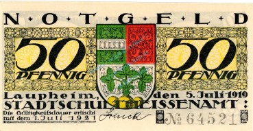 Laupheim , Notgeld 50 Pfennig Schein in unc-kfr. Ti.3930.05.10 , Württemberg 1919 Verkehrsausgabe