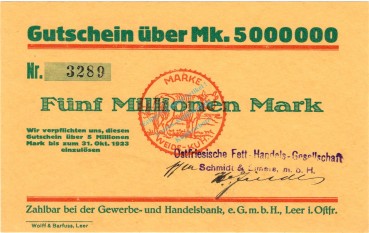 Leer , Banknote über 5 Million Mark Scheine in unc-kfr Keller 2982.c , Niedersachsen 1923 Inflation