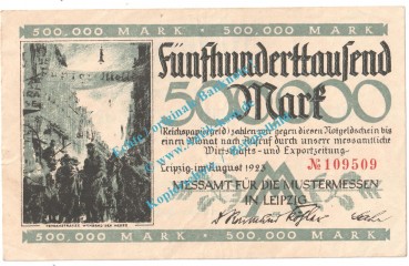 Leipzig , Notgeld 500.000 Mark Schein in gbr. Keller 3083... Sachsen 1923 Grossnotgeld Inflation