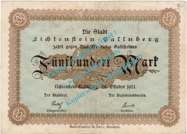 Lichtenstein Callnberg , Banknote 500 Mark Schein in gbr. Müller 2715.6 , Sachsen 1922 Inflation