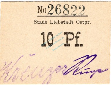 Liebstadt , Notgeld 10 Pfennig Schein in unc-kfr. Ti.4075.05.25 , Ostpreussen o.D. Verkehrsausgabe