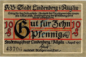 Lindenberg , Notgeld 10 Pfennig Schein in unc-kfr. Ti. 4115.05.01 , Bayern 1917 Verkehrsausgabe