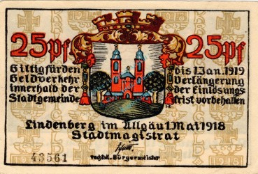 Lindenberg , Notgeld 25 Pfennig Schein in unc-kfr. Ti. 4115.05.16 , Bayern 1918 Verkehrsausgabe