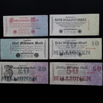 Lot deutsche Inflationszeit, 6 Scheine,  Banknoten, 500.000 bis 50 Millionen Reichsmark, gute gebrauchte Erhaltung, Set