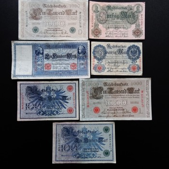 Lot deutsches Kaiserreich, 7 Scheine,  Banknoten, alles verschiedene, gute gebrauchte Erhaltung, Set