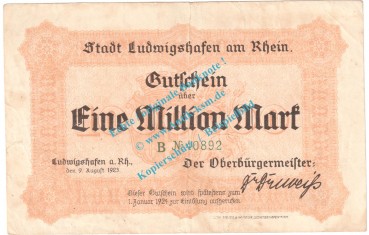 Ludwigshafen , Notgeld 1 Million Mark Schein in gbr. Keller 3328.a , Pfalz 1923 Grossnotgeld Inflation