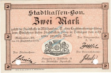 Mühlhausen , Notgeld 2 Mark Schein in unc-kfr.E Diessner 247.6 , Elsass 1914 Notgeld 1914-15