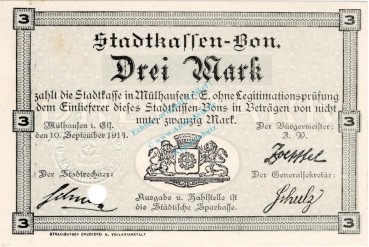 Mühlhausen , Notgeld 3 Mark Schein in unc-kfr.E Diessner 247.7 , Elsass 1914 Notgeld 1914-15