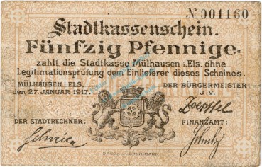 Mühlhausen , Notgeld 50 Pfennig Schein in gbr. Ti.4660.05.01 , Elsass 1917 VerkehrsausgabeMühlhausen , Notgeld 50 Pfennig Schein in gbr. Ti.4660.05.01 , Elsass 1917 Verkehrsausgabe