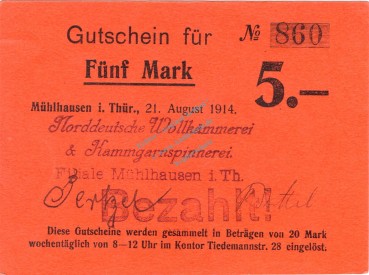 Mühlhausen , Notgeld 5 Mark Schein in unc-kfr.E Diessner 246.5 , Elsass 1914 Notgeld 1914-15