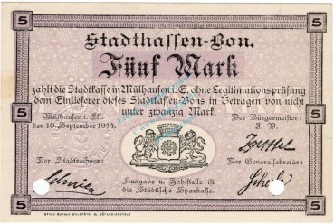 Mühlhausen , Notgeld 5 Mark Schein in unc-kfr.E Diessner 247.8 , Elsass 1914 Notgeld 1914-15