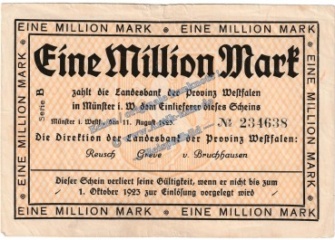 Münster , Banknote 1 Million Mark Schein in gbr. Keller 5582.a , Westfalen 1923 Grossnotgeld - Inflation