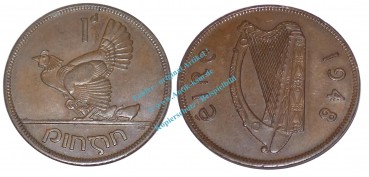 Münze Irland - Ireland , 1 Penny von 1948 -Auerhahn und Harfe- , s-ss , WMZ0125