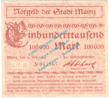 Mainz , Notgeld 100.000 Mark Schein in gbr. Keller 3423.b , Hessen 1923 Grossnotgeld Inflation