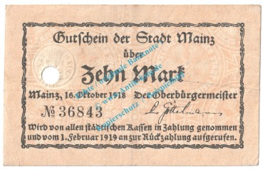 Mainz , Notgeld 10 Mark Schein in gbr. Geiger 341.03-04 Hessen 1918 Grossnotgeld