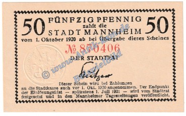 Mannheim , Notgeld 50 Pfennig Schein in kfr. Tieste 4360.20.01 , Baden o.D. Verkehrsausgabe