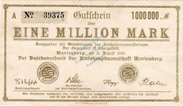 Marienberg , Banknote 1 Million Mark Schein gbr. Bühn 4870.12 , Sachsen 1923 InflationMarienberg , Banknote 1 Million Mark Schein gbr. Bühn 4870.12 , Sachsen 1923 Inflation