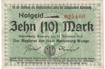 Marienburg , 10 Mark Notgeld Schein in gbr. Geiger 347.02.e von 1918 , Westpreussen Grossnotgeld