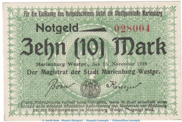 Marienburg , 10 Mark Notgeld Schein in kfr.E ,  Geiger 347.02.c von 1918 , Westpreussen Grossnotgeld