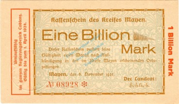 Mayen , Banknote 1 Billion Mark Schein in unc-kfr. Keller 3487.t , Rheinland 1923 Inflation