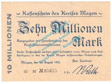 Mayen , Notgeld 10 Millionen Mark -III M- in gbr. Keller 3487.f , Rheinland 1923 Grossnotgeld Inflation