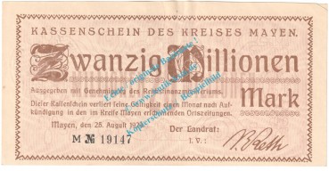 Mayen , Notgeld 20 Millionen Mark Schein in L-gbr. Keller 3487.g , Rheinland 1923 Grossnotgeld Inflation