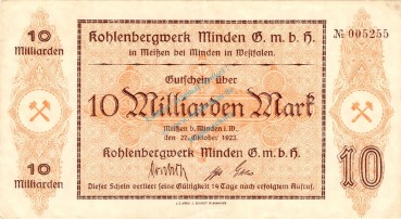 Meissen , Banknote 10 Milliarden Mark Schein in gbr. Keller 3512 , Westfalen 1923 Inflation