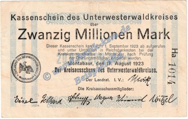 Montabaur , Banknote 20 Million Mark Schein in gbr. Keller 5308.e , Hessen 1923 Grossnotgeld - Inflation