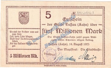 Nassau-Lahn , Banknote 5 Millionen Mark Schein in L-gbr. Keller 3725.c , Hessen 1923 Grossnotgeld - Inflation