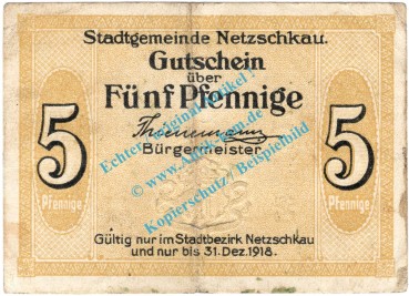 Netzschkau , Notgeld 5 Pfennig Schein in gbr. Tieste 4805.10.01 , Sachsen o.D. Verkehrsausgabe