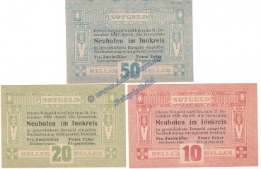 Neuhofen , Notgeld Set mit 3 Scheinen in kfr. K-K 652.I , Oberösterreich von 1920