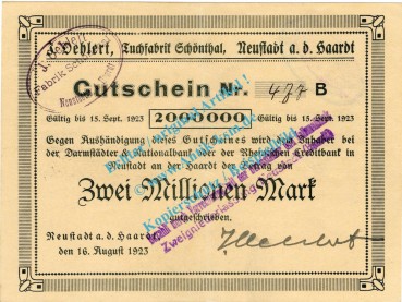 Neustadt , Notgeld 2 Millionen Mark -J.Oehlert- Schein in f-kfr. Keller 3869.f , Pfalz 1923 Inflation