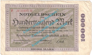 Neuwied - Rasselstein , Notgeld 100.000 Mark Schein in gbr. Keller 3907.c , Rheinland 1923 Grossnotgeld Inflation