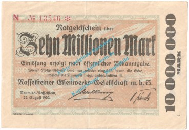 Neuwied - Rasselstein , Notgeld 10 Million Mark Schein in gbr. Keller 3907... Rheinland 1923 Grossnotgeld Inflation