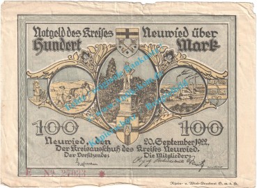 Neuwied , Notgeld 100 Mark Schein in S-gbr. Müller 3307.4.b , Rheinland 1922 Grossnotgeld