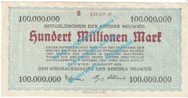 Neuwied , Notgeld 100 Millionen Mark Schein in gbr. Keller 3903.aa , Rheinland 1923 Grossnotgeld Inflation