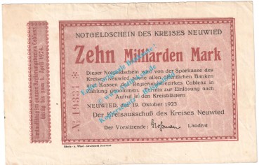 Neuwied , Notgeld 10 Milliarden Mark Schein in gbr. Keller 3903.uu , Rheinland 1923 Grossnotgeld Inflation