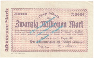 Neuwied , Notgeld 20 Millionen Mark Schein in L-gbr. Keller 3903.ff-hh , Rheinland 1923 Grossnotgeld Inflation