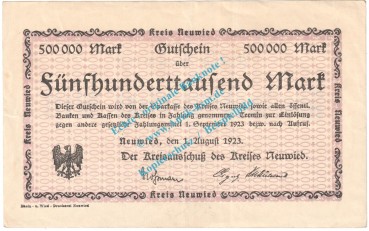 Neuwied , Notgeld 500.000 Mark Schein in f-kfr. Keller 3903.o , Rheinland 1923 Grossnotgeld Inflation