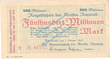 Neuwied , Notgeld 500 Millionen Mark Schein in gbr. Keller 3903.II.mm , Rheinland 1923 Grossnotgeld Inflation