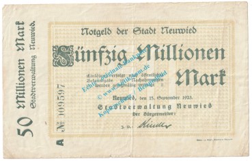 Neuwied , Notgeld 50 Millionen Mark Schein in gbr. Keller 3902.L , Rheinland 1923 Grossnotgeld Inflation