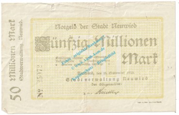 Neuwied , Notgeld 50 Millionen Mark Schein in S-gbr. Keller 3902.L , Rheinland 1923 Grossnotgeld Inflation