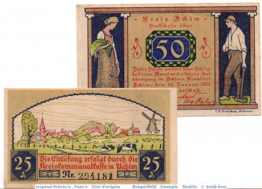 Notgeld Achim , Set mit 2 Scheinen in kfr , Mehl Grabowski 2.1 , von 1921 , Niedersachsen Seriennotgeld