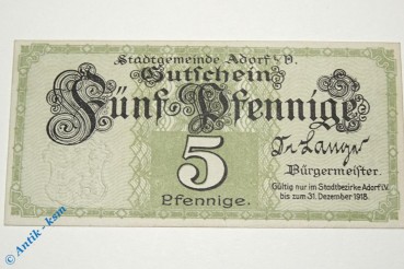 Notgeld Adorf , 5 Pfennig Schein , Tieste 0010.05.01 , Sachsen Verkehrsausgabe