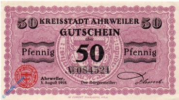 Notgeld Ahrweiler , 50 Pfennig Schein , Tieste 0001.10.02 - 06 , von 1918 , Rheinland Verkehrsausgabe
