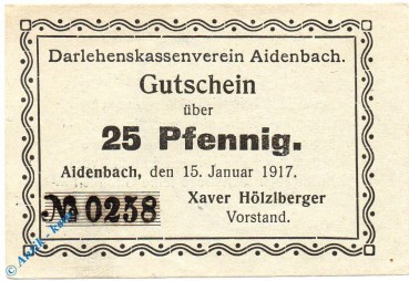 Notgeld Aidenbach , 25 Pfennig Schein grau , Tieste 0025.05.40 , 1917 , Bayern Verkehrsausgabe