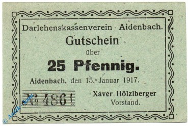 Notgeld Aidenbach , 25 Pfennig Schein , Tieste 0025.05.35 , 1917 , Bayern Verkehrsausgabe