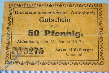 Notgeld Aidenbach , 50 Pfennig Schein mit Stempel , Tieste 0025.05.11 , von 1917 , Bayern Verkehrsausgabe